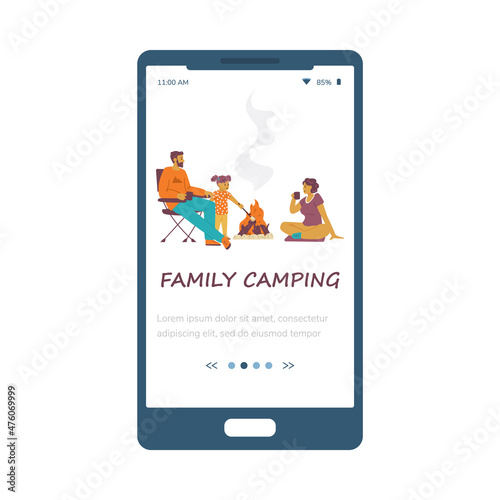 Family camping onboarding mobile app user interface, flat vector illustration.