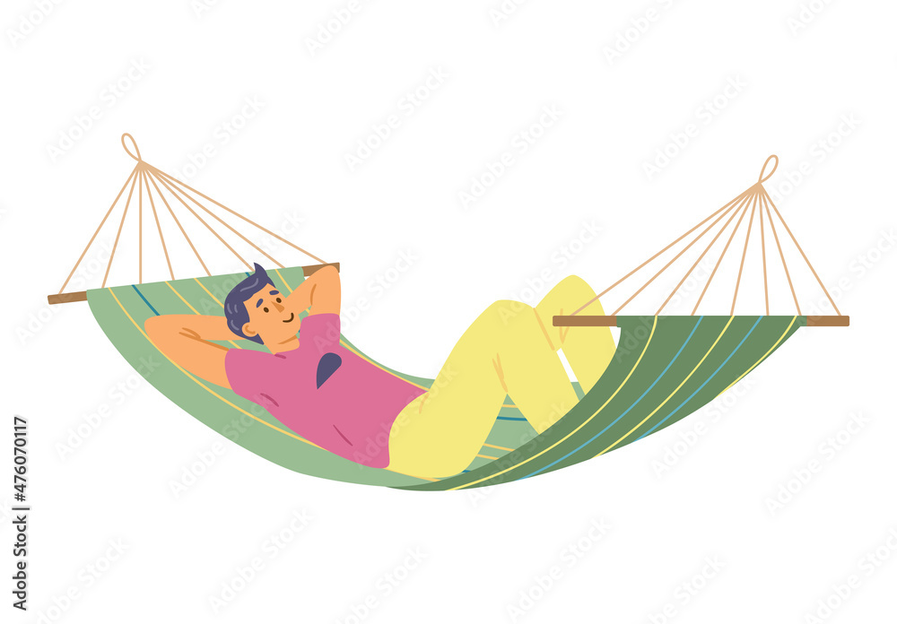 Man relaxing and swinging in hammock, flat cartoon vector illustration isolated. Stock Vector | Adobe Stock Man relaxing and swinging in hammock, flat cartoon vector illustration isolated. Stock Vector | Adobe Stock