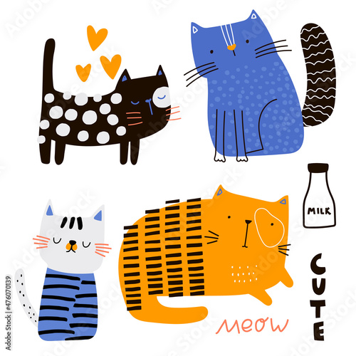 Creative childish illustration with cute cats. Lovely cat pets isolated on white. Great for t-shirt, poster, card.Vector illustration