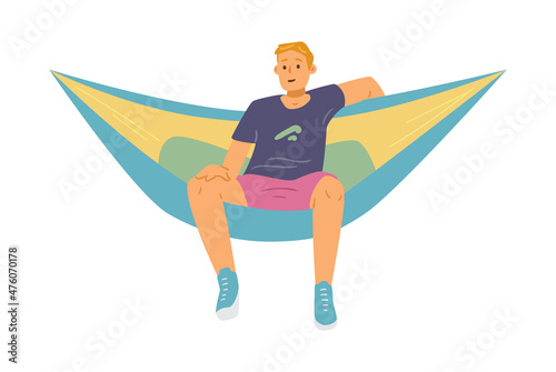 Relaxed man sits in hammock, flat vector illustration isolated on white background.