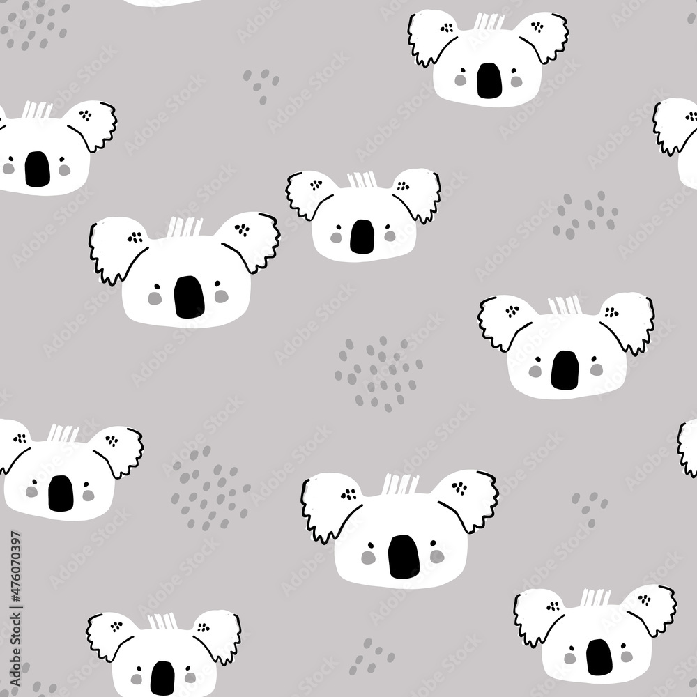 Seamless childish pattern with cute koala heards . Creative monchrome kids texture for fabric, wrapping, textile, wallpaper, apparel. Vector illustration