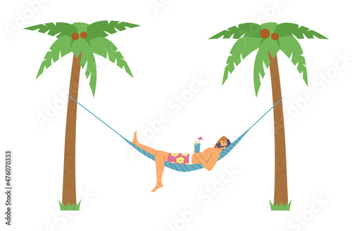 Summer vacation with man in hammock under palms, vector illustration isolated.