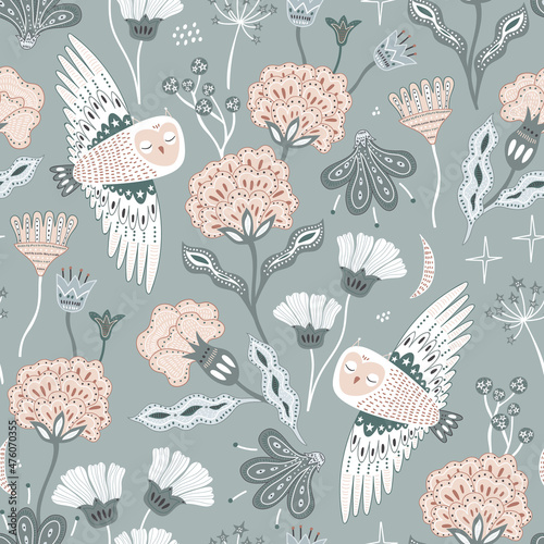 Seamless hight detailed floral texture with owls. Bohemian floristic texture. Vector pastel illustration
