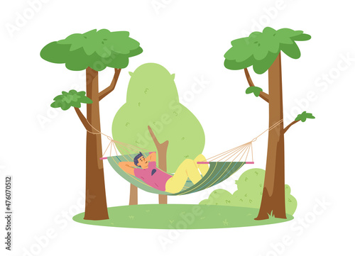 Man in canvas hammock in forest or garden, flat vector illustration isolated.
