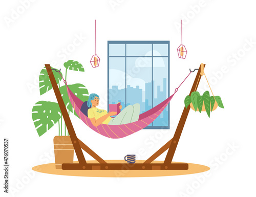 Woman relaxes in hammock at home, flat vector illustration isolated on white background.