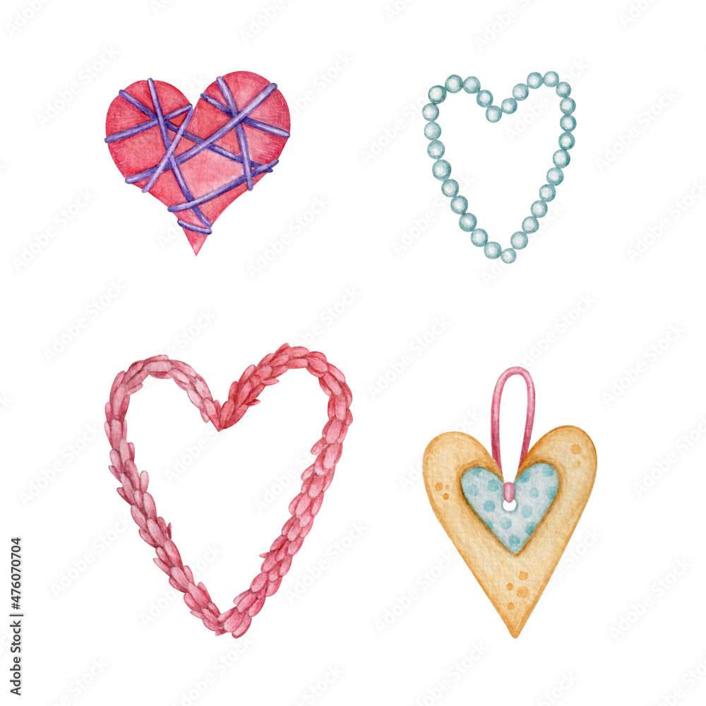 A set with different hearts. Watercolor illustration. Valentine's day. Holiday. Printing on fabric and paper. Romance. Beautiful. Cute. Wedding. Design. Art. Pink. Background. Elements. Love. A set with different hearts. Watercolor illustration. Valentine's day. Holiday. Printing on fabric and paper. Romance. Beautiful. Cute. Wedding. Design. Art. Pink. Background. Elements. Love.