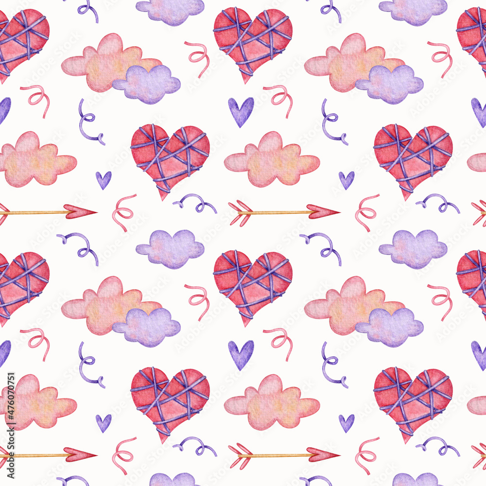 Seamless pattern with clouds and hearts. Watercolor illustration. Valentine's day. Holiday. Printing on fabric and paper. Romance. Beautiful. Cute. Wedding. Design. Art. Pink. Background. Love.