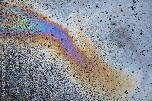 A spot of oil or gasoline in a puddle on the asphalt.