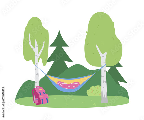 Hammock suspended between trees at camping, flat vector illustration isolated.