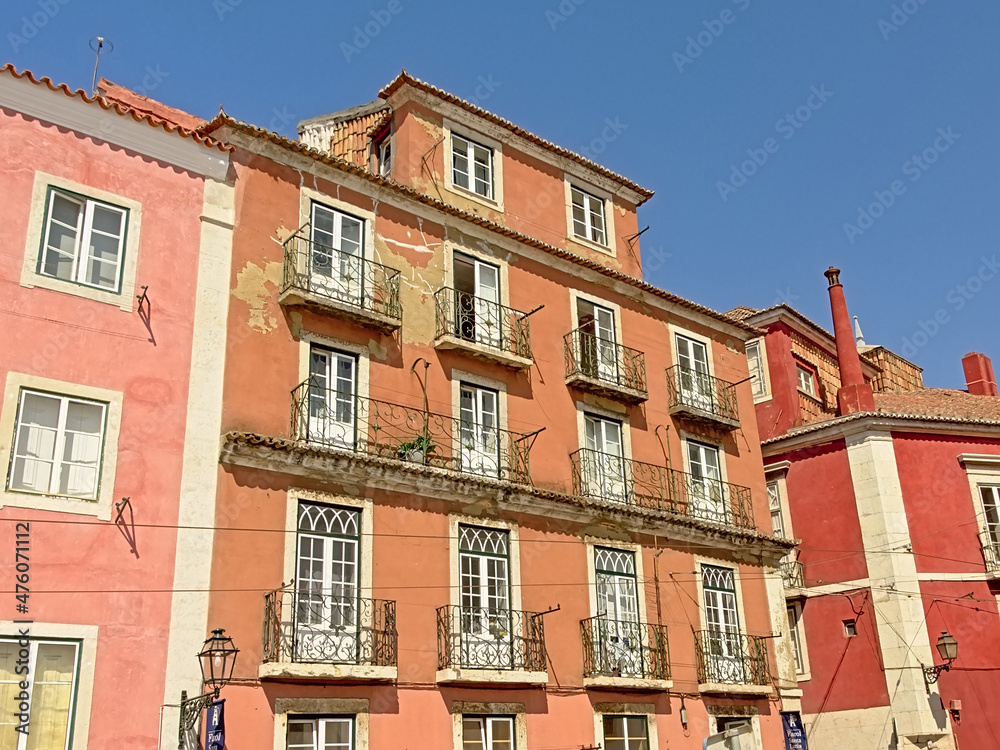 Facade of a traditional Portuguese apartment building in Lisbon