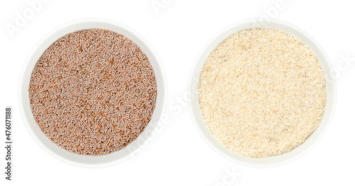 Billede på lærred Psyllium, whole seeds and husk, in white bowls