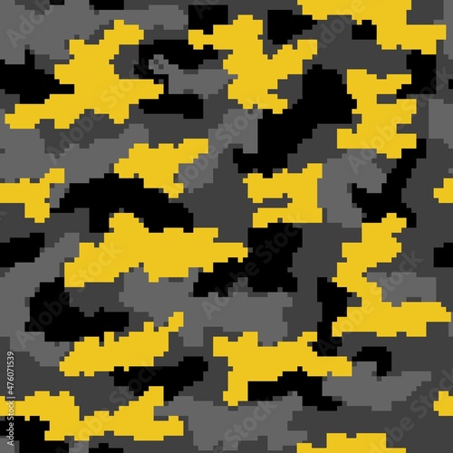 Pixel black yellow camouflage pattern, digital vector background.