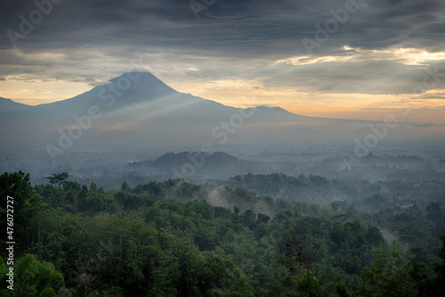 Foggy dawn over Merapi and Borobudur