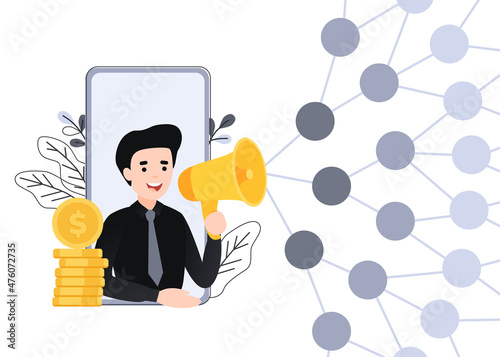 Refer a friend vector illustration concept, businessman shout on megaphone with refer a friend words, can be used for landing pages, template, ui, web, mobile app, poster banner or flyer.
