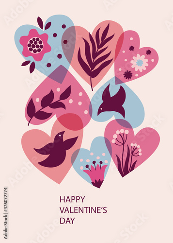 Hearts with flowers  birds  leaves. Vector illustration for Valentines Day.