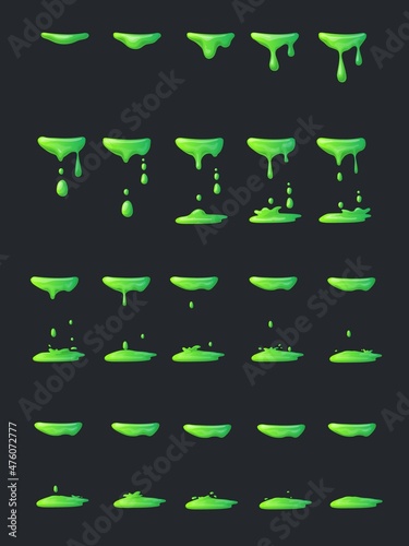 Slime animation. Liquid green drop, cartoon splash poison drip, toxic waste, nuclear explosion chemical venom, sprite fx effect, phlegm substance, neat ui vector