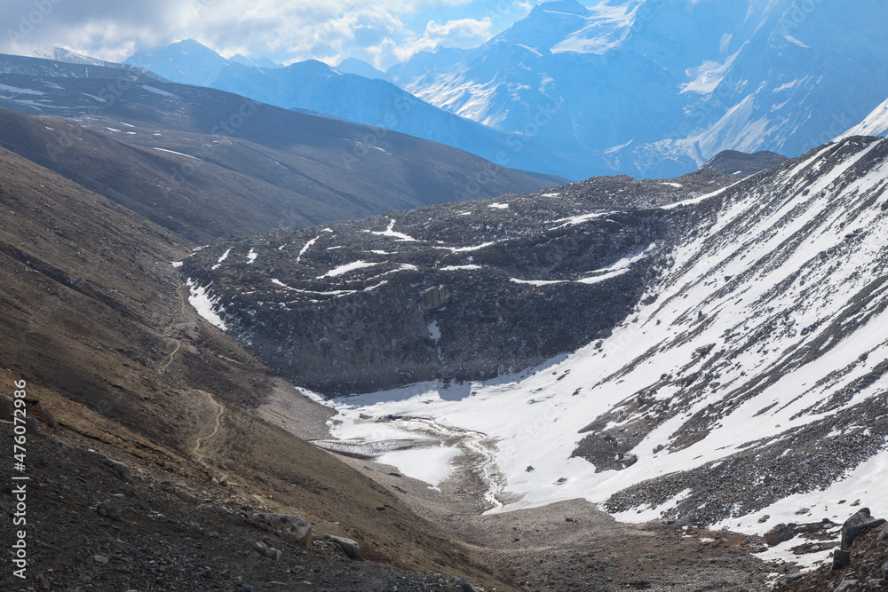 Long pathway to the Larke Pass in Himalayas Long pathway to the Larke Pass in Himalayas