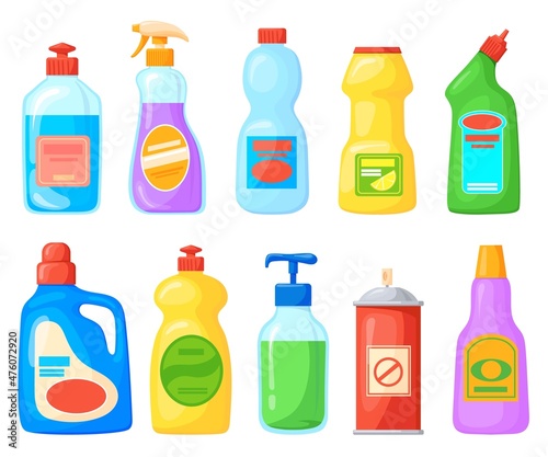 Cartoon detergent bottles. Cleaner product chemical cleanup bathroom toilet, home clean tool household soap bleach softener liquid cleanser for care kitchen washing