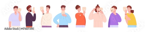 People fake mask. Face impostor hypocrisy liar, disguise happy, hiding feeling sad angry positive, person psychology, faceless anonymous, illusion mood girl splendid vector