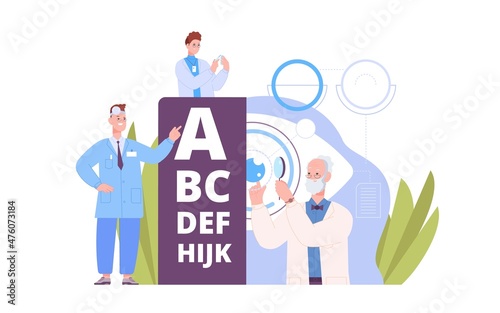 Ophthalmologist check sight. Doctor examination eye in ophthalmology or optometry clinic, glasses optician for health vision medical treatment eyesight splendid vector illustration