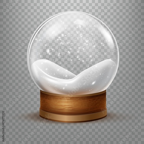 Snow inside ball. Realistic snowball, christmas snowglobe, glass dome base, magic crystal snowy 3d sphere, winter bubble xmas gift souvenir, isolated shape toy, tidy vector