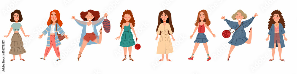 A set of stylish girls in summer clothes. Boho style. Vector illustration in a flat style