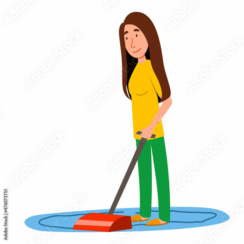 The girl vacuums at home. A woman cleans the house. Vector illustration in a flat style.