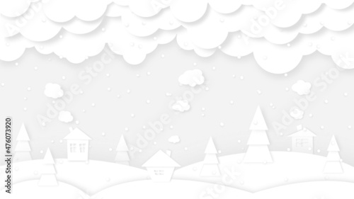 illustration of white paper cut white winter landscape with snow, houses and trees