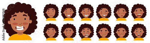 A set of female emotions. The expression on his face. An African-American girl is an Avatar . Vector illustration of a flat drawing on a white isolated background.