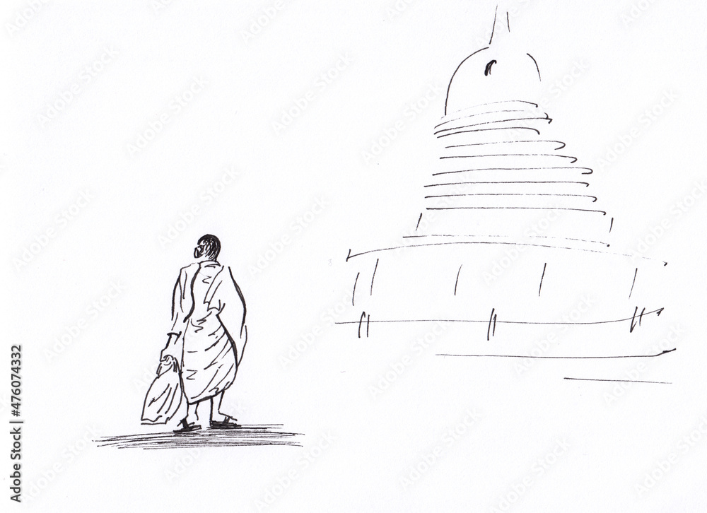 Naklejka premium Ink pen peaceful minimalist drawing of walking Buddhist monk in face mask and distant temple. Asian landscape illustration. Use for print, card, poster, book illustration, meditation background.
