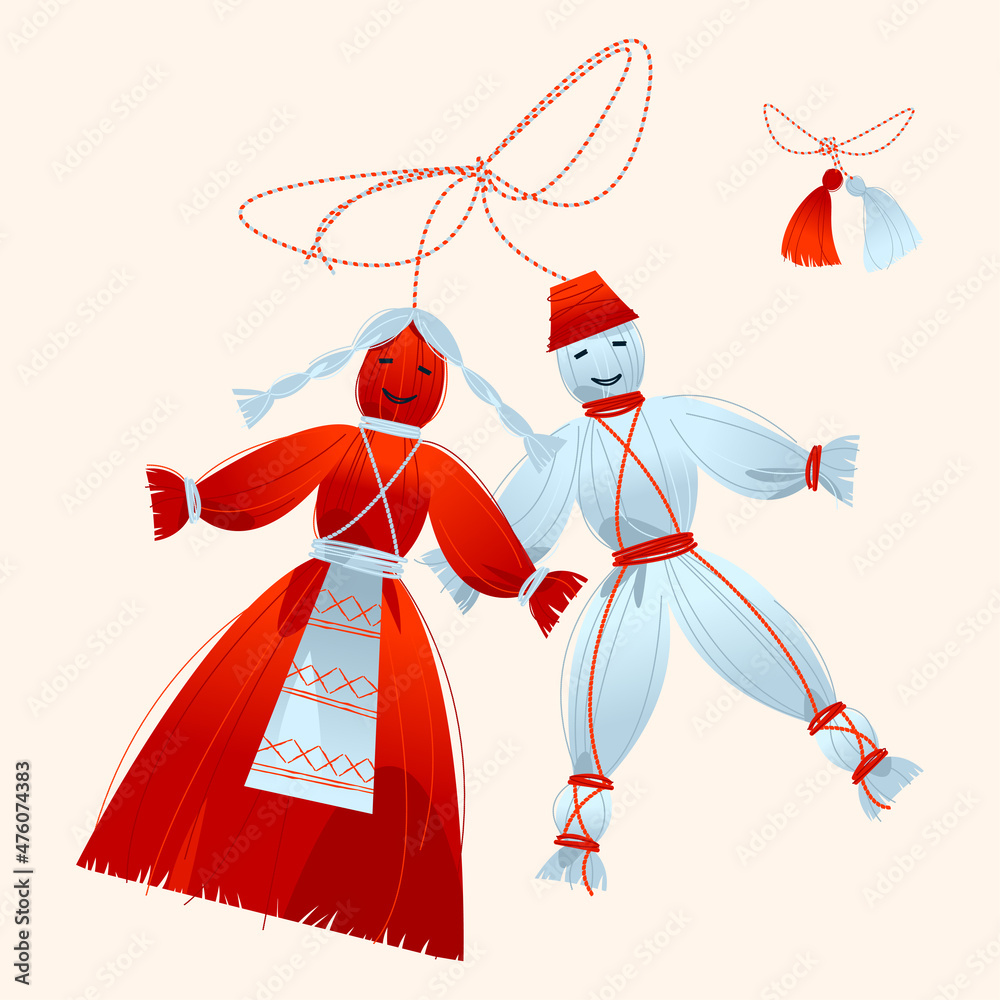 Martenitsa. Piece of adornment, made of white and red yarn in the form of  two dolls, a male and a female. Baba Marta Day(“Grandma March” in Bulgarian  and Macedonian) tradition holiday Stock