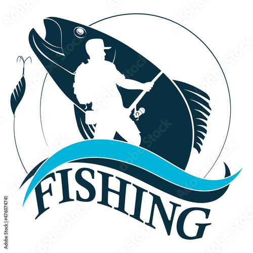Fisherman with a fishing rod. The fish is jumping for the bait. Fishing tournament symbol