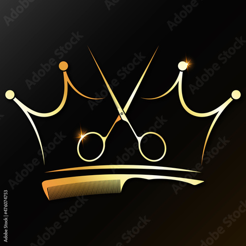 Scissors with a comb and a gold crown. Unique symbol for hair stylist and beauty salon