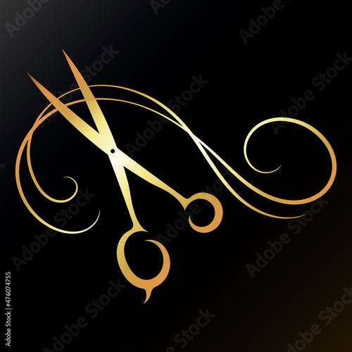Golden barber scissors and a beautiful lock of hair. Symbol for beauty salon and hair stylist