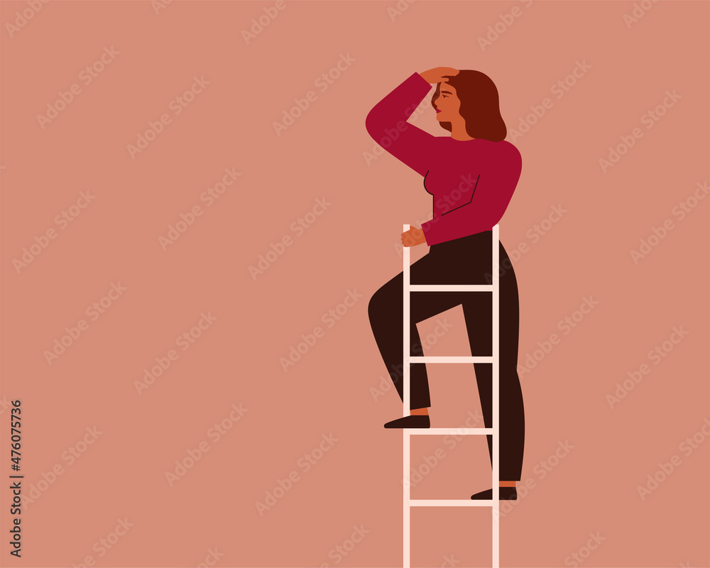 Businesswoman looks into the future at the top of ladder. Female entrepreneur searches for opportunities and new business ideas. Concept of choosing the direction of development. Vector illustration - obrazy, fototapety, plakaty 