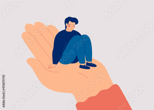 Sad man sits on the big human hand and needs care and support. Counselor helps a lonely teenager boy to get rid of depression. Support and care concept for people under stress. Vector illustration