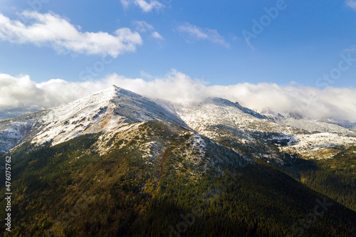 Aerial view of majestic mountains covered with green spruce forest and high snowy peaks.