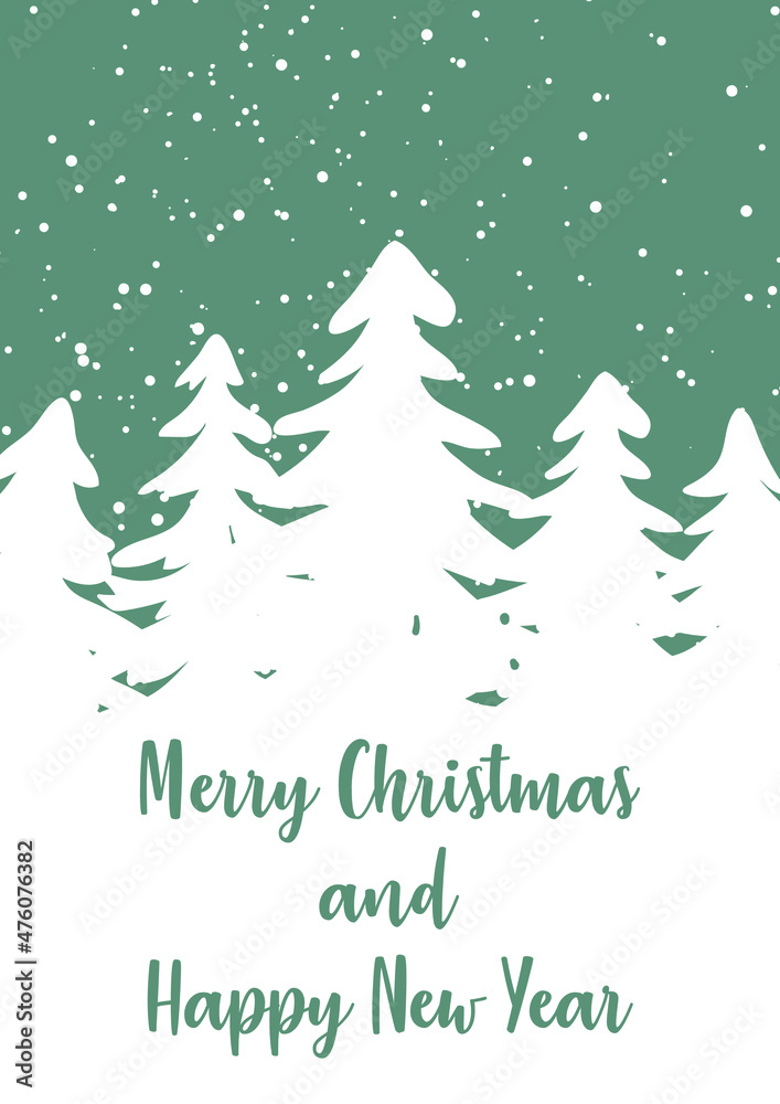 Simple minimalistic Christmas card. Christmas greeting card with fir trees, snowflakes, Christmas decorations, winter forest. Vector New Year card template with calligraphy.