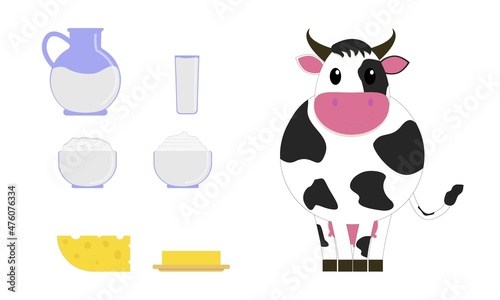 Dairy products and a cow. Foods rich in protein and calcium.