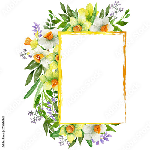 Watercolor Yellow flower Frame,  Narcissus Rectangle gold frame isolated on white, Bright hand painted illustration, Elegant watercolor spring frame, For Wedding design, invitation, greeting card