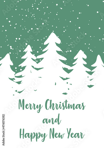 Simple minimalistic Christmas card. Christmas greeting card with fir trees  snowflakes  Christmas decorations  winter forest. Vector New Year card template with calligraphy.