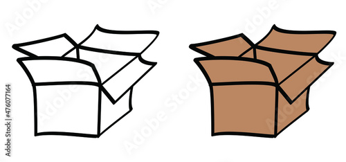 Cartoon, comic, open empty carton box or paper box. Sign for changed address, we have moved or we've Moved! Vector office, house or home icon or pictogram. Open cardboard package boxes.  This side up