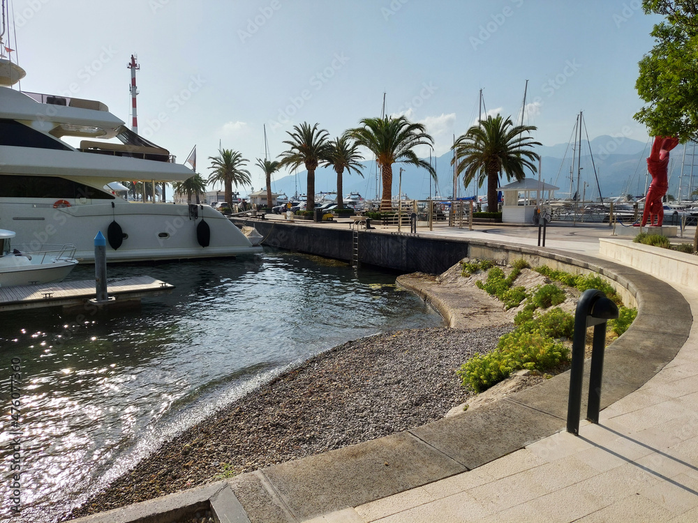 Obraz na płótnie promenade street on seafront of Porto Montenegro, the famous port in the city of Tivat, the capital of Montenegro, Europe w salonie