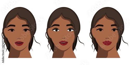 Vector portrait of a girl. Set of emotions. African American, Indian, ethnicity. 
