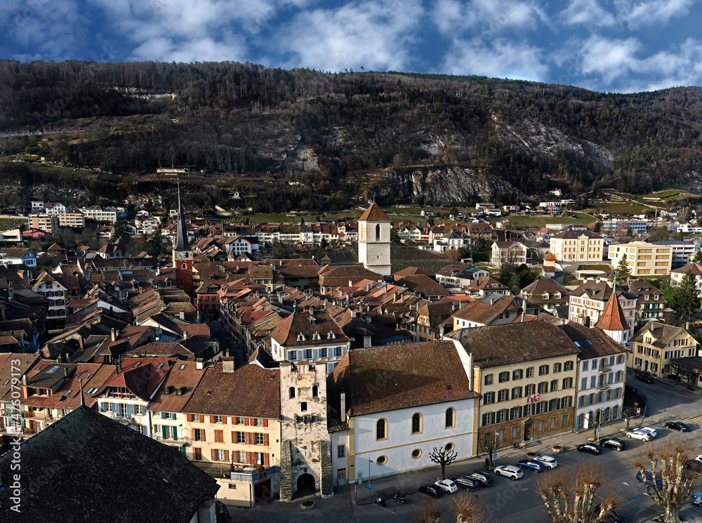 View from above to the old city of Neuveville, Switzerland