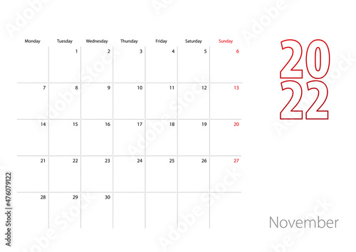 Calendar for November 2022 in modern design, planner template.
