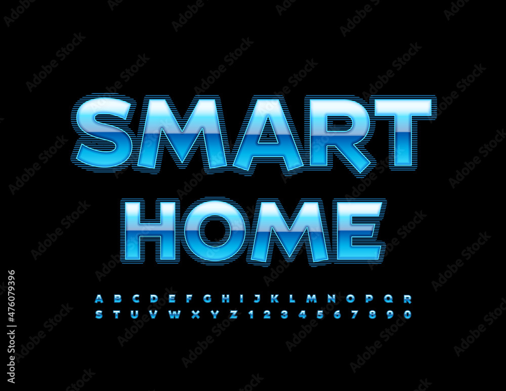 Vector bright Logo Smart Home. Trendy Blue Font. Artistic Alphabet Letters and Numbers set