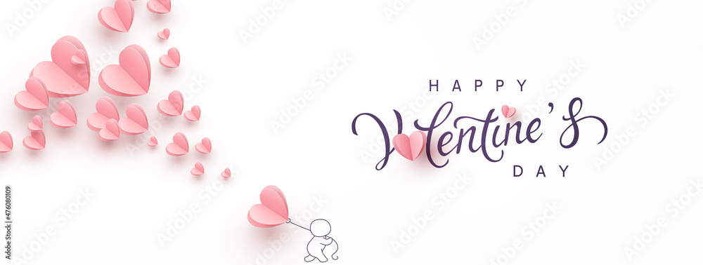 Valentine's Day postcard with man and pink flying balloons on white background. Romantic poster. Vector paper symbols of love in shape of heart for greeting card design Valentine's Day postcard with man and pink flying balloons on white background. Romantic poster. Vector paper symbols of love in shape of heart for greeting card design