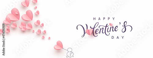 Valentine's Day postcard with man and pink flying balloons on white background. Romantic poster. Vector paper symbols of love in shape of heart for greeting card design