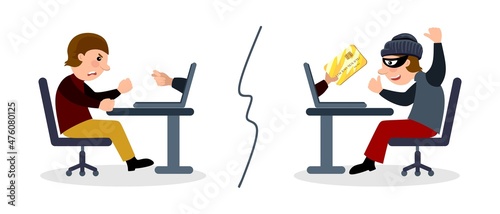 Online fraud. Cyber thief steals money, credit card details. Flat vector cartoon illustration.